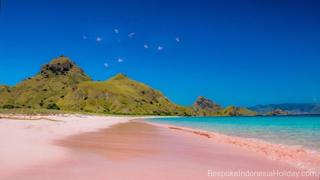 A pink sandy beach in front. Farther in the background green mountains. Pink Beach | Komodo Tour | Bespoke Indonesia Holiday.