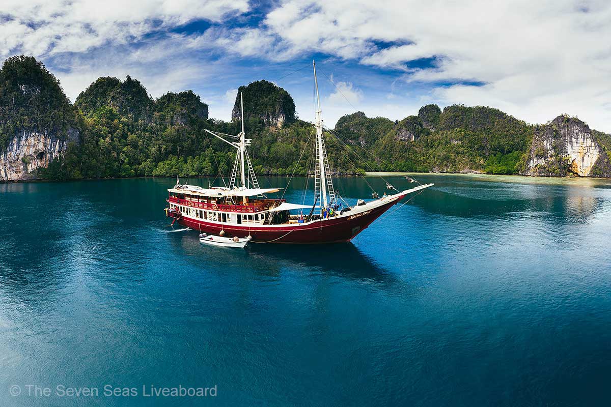 A red wooden sailing boat with a white tended attache to it is docking by groove-covered rock formations. The seven seas liveaboard. Luxury liveaboard Indonesia. Luxury liveaboard Raja Ampat. Luxury liveaboard Komodo. Diving expeditions Indonesia. Liveaboard tours Indonesia. Yacht charter Indonesia. Komodo liveaboard. Raja Ampat Liveaboard. Boat rental Indonesia. Diving trip Indonesia. Bespoke Indonesia Holiday.